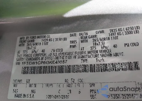 2016 Ford F150 Xlt из США, поврежденный, VIN 1FTEW1CP6GKE43657